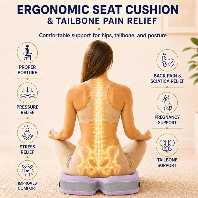 Seat Cushions for Office Chairs Wheelchair Cushion for Long Sitting Back Pain，Memory Foam Seat Car Computer Desk Chair Cushion，Coccyx Cushion for Tailbone Pain Relief Office Chair Butt Pillow Purple