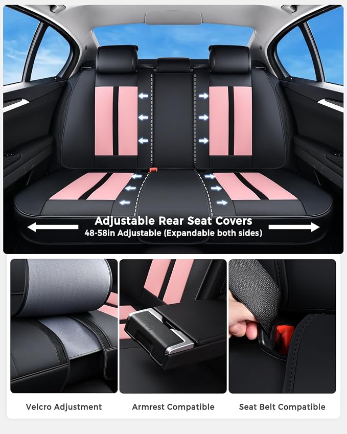 Huidasource Seat Covers Full Set Luxury Nappa Leather, Seat Covers with Velcro Adjustable, Airbag, Lumbar Support, Cooling＆Heating, Car Seat Cover Set Universal Fit for Most Cars SUV Trucks Black＆Pink