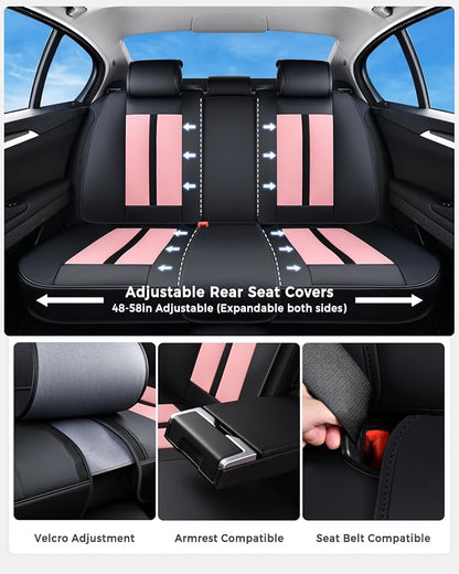 Huidasource Seat Covers Full Set Luxury Nappa Leather, Seat Covers with Velcro Adjustable, Airbag, Lumbar Support, Cooling＆Heating, Car Seat Cover Set Universal Fit for Most Cars SUV Trucks Black＆Pink