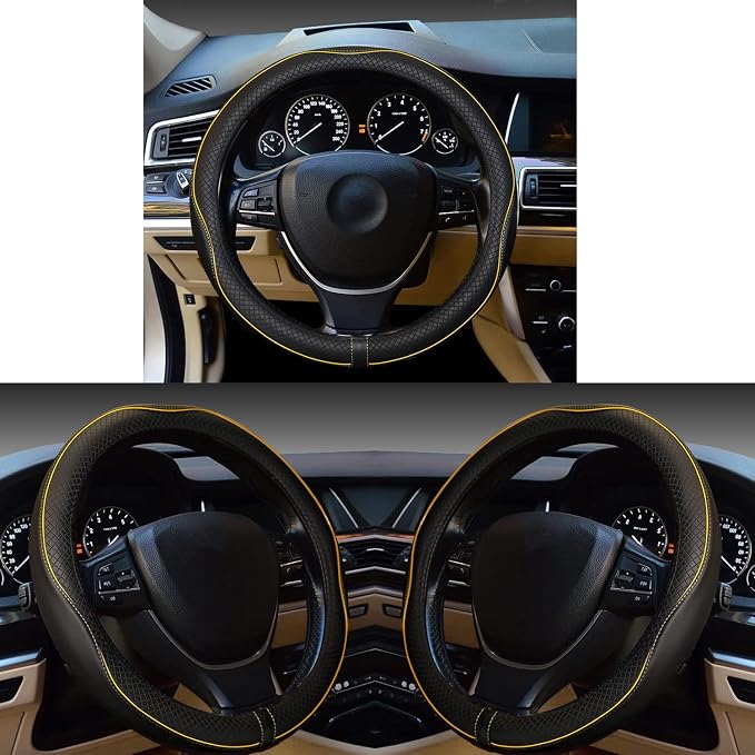 Gomass Car Steering Wheel Cover, Anti-Slip, Safety, Soft, Breathable, Heavy Duty, Thick, Full Surround, Sports Style (Black with Yellow Line)
