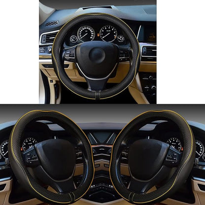 Gomass Car Steering Wheel Cover, Anti-Slip, Safety, Soft, Breathable, Heavy Duty, Thick, Full Surround, Sports Style (Black with Yellow Line)