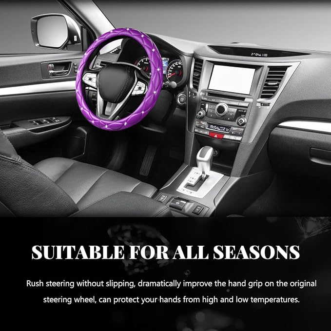 Bling Car Steering Wheel Cover, 15 Inch Diamond Leather Anti-Slip Auto Steering Wheel Protector, Cute Sparkly Rhinestones Wheels Cover Automotive Decoration for Women Girl (Purple)