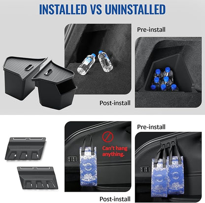 GEEDAR Tesla Model Y Juniper Trunk Organizer Set, 2 Trunk Storage Bins with TPE Lid + 2 Rear Trunk Organizer Hooks, Rear Trunk Side Storage Box for Model Y Juniper 2025 2026 Interior Accessories