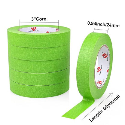 BOMEI PACK Painters Tape - Painting Tape for Car Paint Green - 1 inch x 60 Yards Paint Tape for Walls Painting, Automotive, Labeling, DIY Crafting, Decoration and School Projects, 6 Pack