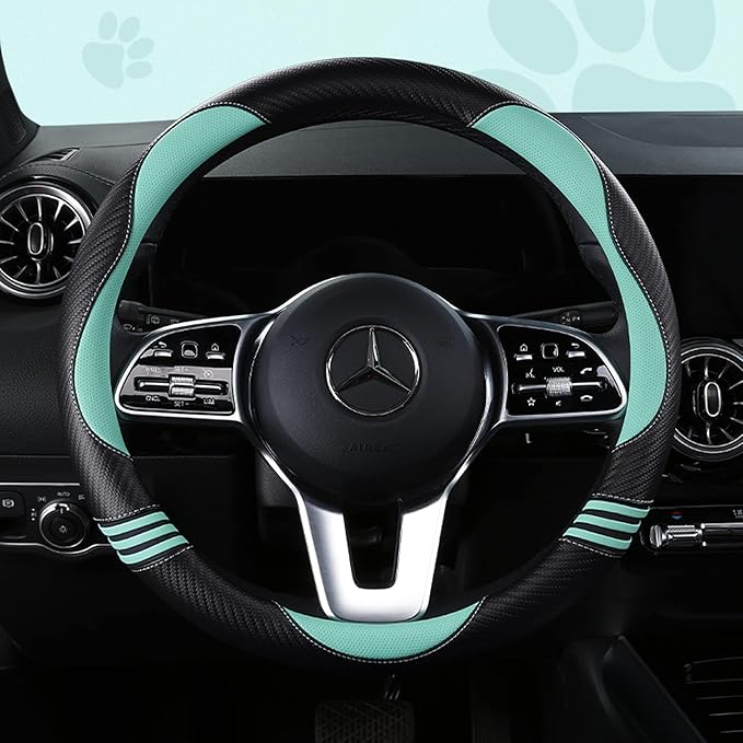 HighnessHwoo Car Steering Wheel Covers for Women Padded Carbon Fiber PU Leather Cute Auto Interior Accessories for Vehicle, Sedan, Universal, Anti Slip, Green, Standard Size, 14.75-15.15in