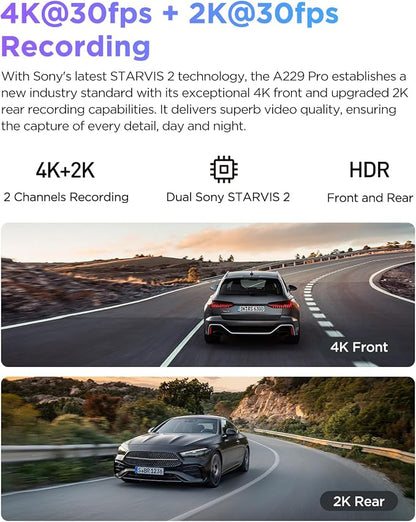 VIOFO A229 Pro 4K HDR Dash Cam, Dual STARVIS 2 IMX678 IMX675, 4K+2K Front and Rear Car Camera, 2 Channel with HDR, Voice Control, 5GHz WiFi GPS, Night Vision 2.0, 24H Parking Mode