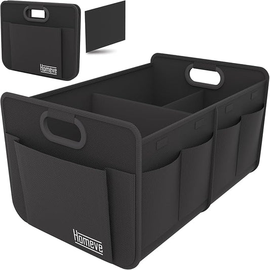 Homeve Car Trunk Organizer for SUV, 15.5Gal Large Capacity No-Sag Heavy Duty, Foldable Waterproof Anti-Slip Storage with 12 Pockets, Fit Sedan,Truck, Universal Car Accessories, Black, 2 Compart,Medium