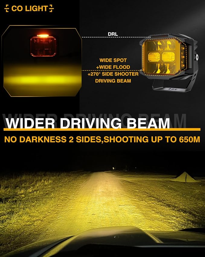 CO LIGHT 5 Inch Amber 130W LED Cube Pods Offroad Driving Light with Side Shooter 11533LM Super Bright Square Offroad Lights with 270°Combo Beam Ditch Light Amber DRL for Offroad ATV Truck Pickup