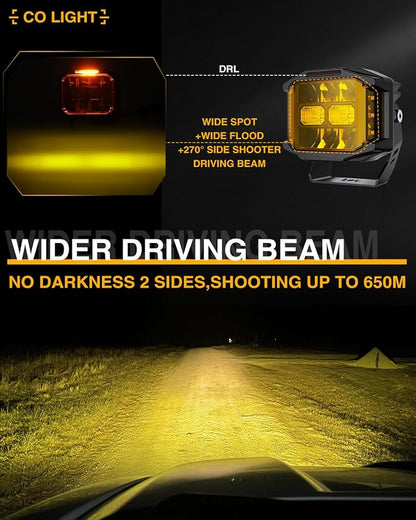 CO LIGHT 5 Inch Amber 130W LED Cube Pods Offroad Driving Light with Side Shooter 11533LM Super Bright Square Offroad Lights with 270°Combo Beam Ditch Light Amber DRL for Offroad ATV Truck Pickup