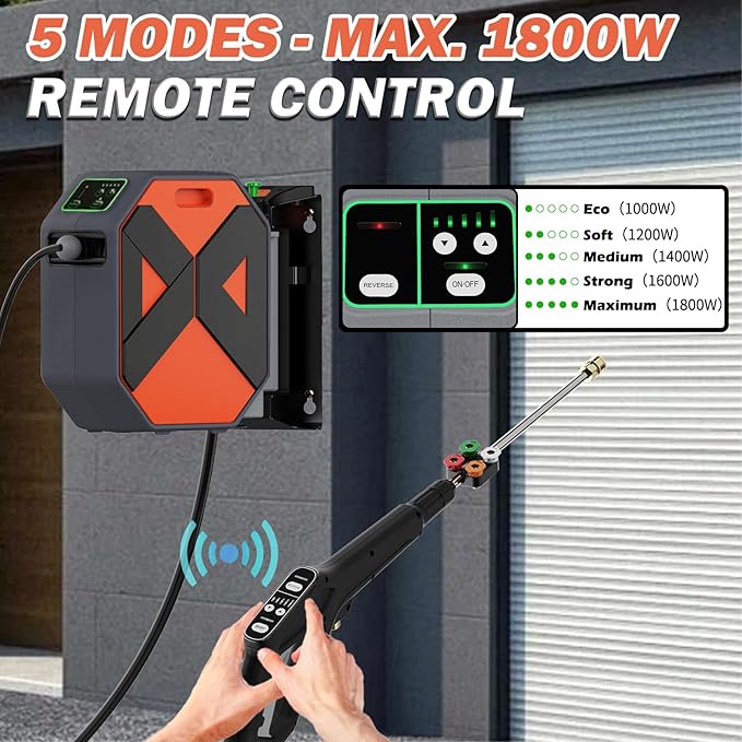 5000PSI Wall Mounted PowerWasher with 4 Quick Connect Nozzles, Foam Cannon for Car, Lane, Patio Cleaning