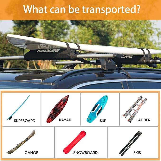 Soft Roof Rack Pads with Two 15 Ft Tie Down Straps for Surfboard, SUP Paddleboard, Snowboard, 28/34inch (Pair)