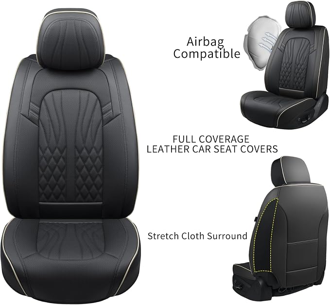 MINGBRON Seat Covers for Cars, Waterproof Seat Covers, Leather Car Seat Covers 2 Pack, Universal Seat Cushion Protector for Most Cars Black&Beige Line