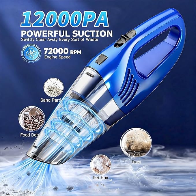 Car Vacuum Portable Cordless – 12000PA Strong Suction, Lightweight & Rechargeable – Includes Multi-Nozzle Attachments for Car, Home, Office, and Pet Hair – Compact & Powerful Azure Vacuum