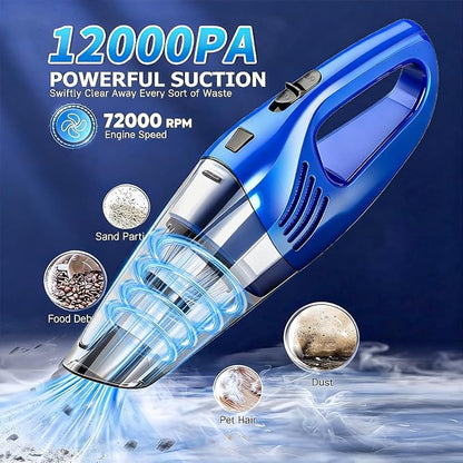 Car Vacuum Portable Cordless – 12000PA Strong Suction, Lightweight & Rechargeable – Includes Multi-Nozzle Attachments for Car, Home, Office, and Pet Hair – Compact & Powerful Azure Vacuum