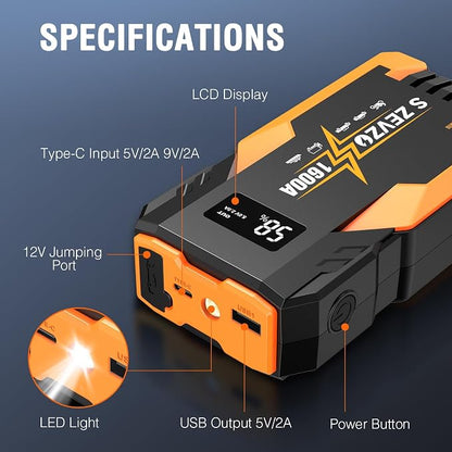 S ZEVZO Jump Starter 1000A Peak Portable Jump Starter for Car (Up to 7.0L Gas 5.5L Diesel Engine) 12V Auto Battery Booster Pack with Jumper Clamps