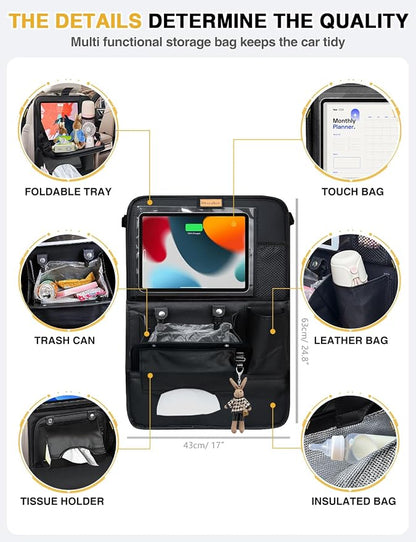2-Pack Leather Car Backseat Organizer with Tablet Holder–Foldable Food Tray,Storage Pockets,Trash Can,Tissue Holder & Insulated Bag–Kick Mats Protector for Kids,Travel Accessories Organizer