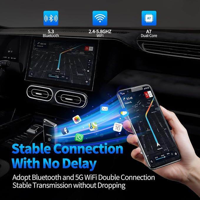 Wireless CarPlay Adapter for Apple iPhone - Zero Lag, Plug-and-Play Auto Connect WIFI & Bluetooth Control for Cars | Turns Factory Wired CarPlay to Wireless, from iOS 10+ to Screen w/USB C Car Adapter