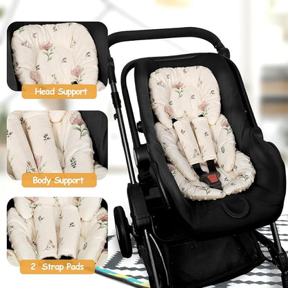 Infant Car Seat Insert with 2 Strap Pads, Super Soft Carseat Head and Body Support for Baby Boys and Girls, Reversible Newborn Car Seat Insert Cushion for Strollers, Bouncers, Swing, Simple flowers