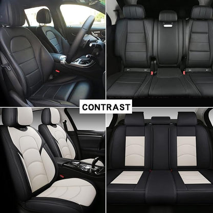 NS YOLO Full Coverage Car Seat Covers Universal Fit for Cars SUVs Pick-up Trucks with Waterproof Leatherette in Automotive Vehicle Interior Accessories (Black and White, Full Set)