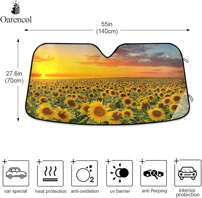 Sunflower Blooming Sunset Car Windshield Sun Shade Foldable UV Ray Sun Visor Protector Sunshade to Keep Your Vehicle Cool (55" x 27.6")