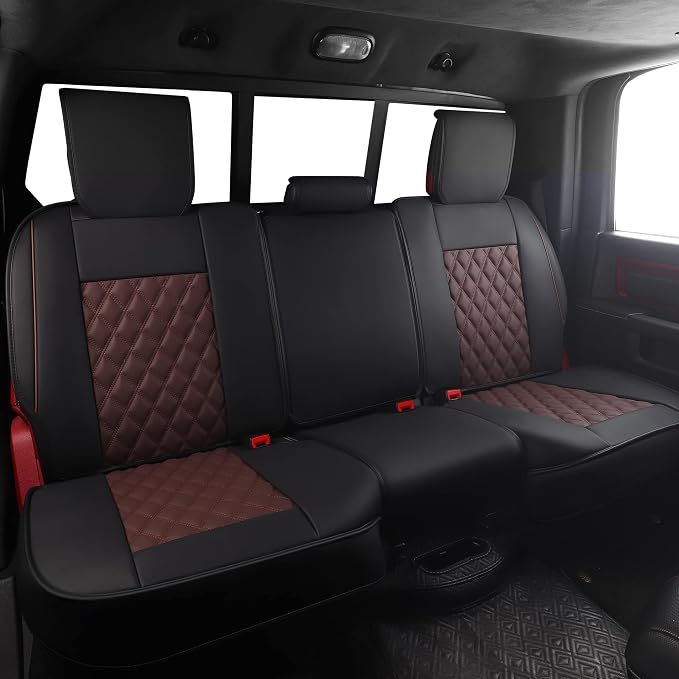 JOJOBAY Car Seat Covers for Dodge Ram,Fit 2009-2025 1500/2500/3500 HD Pick-up Truck,Crew,Regular,Quad,Mega Cab,Waterproof Synthetic Leather Seat Covers(5PCS-Full Set,Black-Brown)