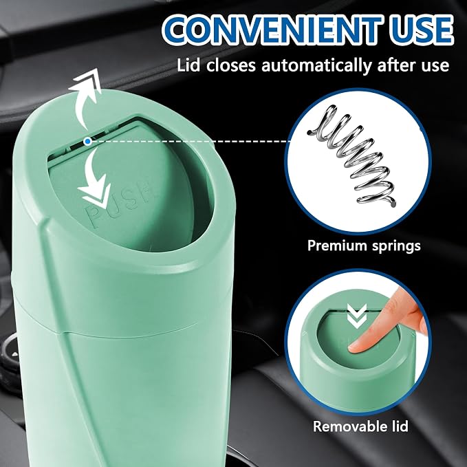 Hovom Mini Car Trash Can with Lid, Portable Garbage Can for Car, Leakproof Cup Holder Automotive Garbage Bin with 2 Rolls of Trash Bags, Small Trash Storage Can for Car Home Office(Light Green)
