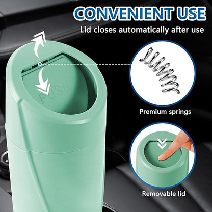 Hovom Mini Car Trash Can with Lid, Portable Garbage Can for Car, Leakproof Cup Holder Automotive Garbage Bin with 2 Rolls of Trash Bags, Small Trash Storage Can for Car Home Office(Light Green)