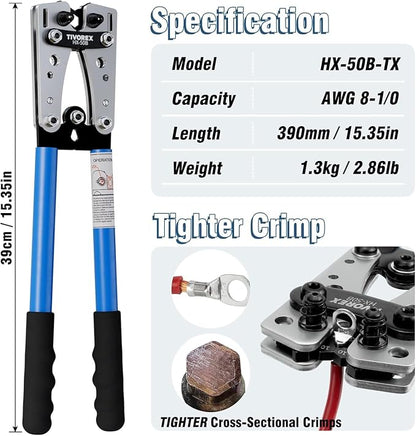 Battery Cable Lug Crimping Tool for AWG 8, 6, 4, 2, 1, 1/0 Gauge Electrical Lug, with 1/0 AWG-3/8” and 4 AWG-3/8” Copper Wire Lugs, 12PCS 3:1 Heat Shrink Tubing