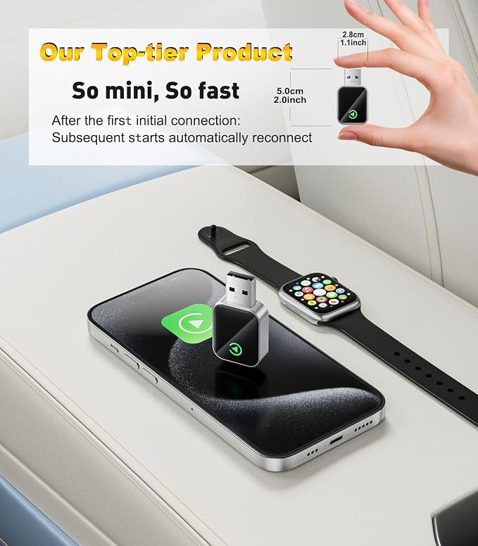 Wireless CarPlay Adapter for iPhone (2025 Upgrade) Converts Wired to Wireless Car Play Adapter, Mini Size Plug and Play, Compatible with iOS 10+ & OTA Updates - Black