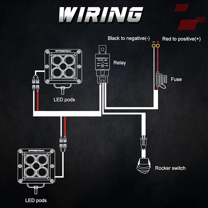 Wiring Harness 2 Lead, OFFROADTOWN Nylon Wiring Harness Kit for LED Pods Driving Light Fog Light 12V 40A Fuse Relay On/Off Rocker Switch 18AWG Heavy Duty Wiring Harness for Trucks Offroad ATV UTV Boat