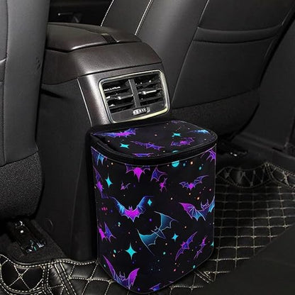 Colored Bats Stars Pattern Car Trash Can Leakproof Garbage Bag with Lid and Zipper 1.2Gal Trash Bin Hanging for Back Seat Halloween Car Accessories Universal Fit
