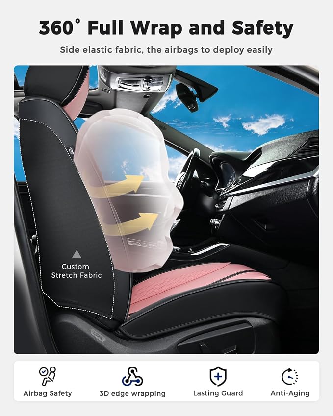 Huidasource Seat Covers Full Set, Luxury Faux Leather Seat Covers, Velcro Adjustable, with Airbags, Thinning Design Perforation Cooling＆Heating Universal Fit for Most Cars Vans Trucks SUVs, Black&Pink
