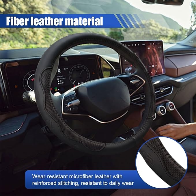 Car Steering Wheel Cover, 15 Inch Leather Anti-Slip Breathable Automotive Steering Wheel Protector, Universal Heat Resistant Vehicle Interior Accessories Cars, SUVs, Trucks (Blackline)