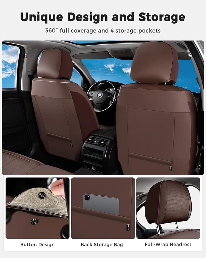 Huidasource Coffee Seat Covers, Luxury Faux Leather Car Seat Cover, Velcro Adjustable, with Airbags, Child Seat, Perforation Cooling＆Heating, Universal Fit for Most Cars, Vans, Trucks, SUVs, Coffee