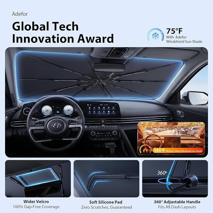 2026 Upgraded Windshield Sun Shade Umbrella for Hyundai Elantra [Precision Custom Fit, Superior UV & Heat Block] Cooling Tech Fabric, Durable Foldable with Storage Bag, Fits 2000-2025