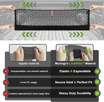 Muslogy Truck Bed Cargo Net Trunk Netting Compatible with Dodge Ram 1500 2019-2025 2026 Accessories, Pickup Cargo Organizer SUV Sedan Storage Net w/Heavy Duty Carabiners