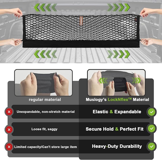 Muslogy Truck Bed Cargo Net Trunk Netting Compatible with Jeep Gladiator 2020-2025 2026 JT Accessories, Pickup Cargo Organizer SUV Sedan Storage Net w/Heavy Duty Carabiners
