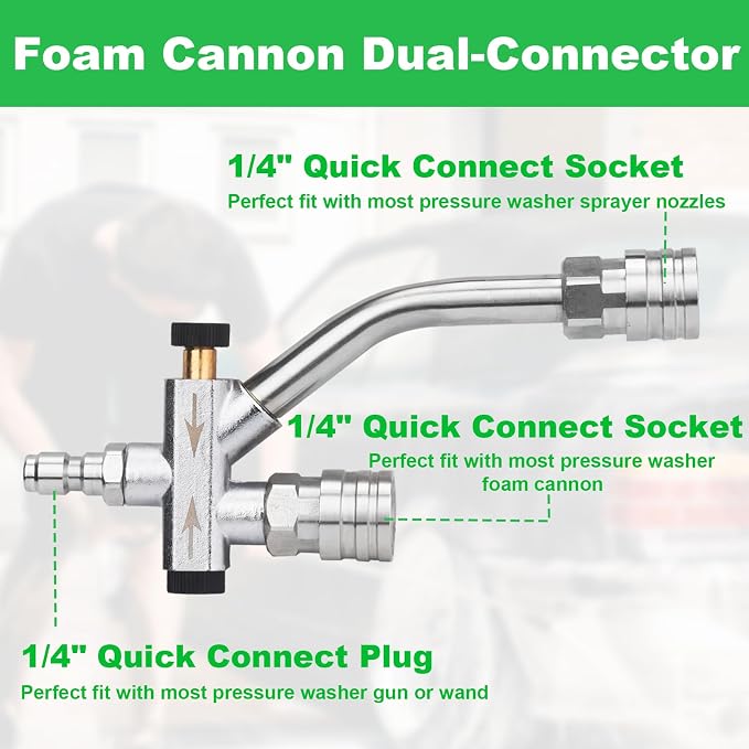 DUSICHIN Pressure Washer Gun Foam Cannon Dual Connector Shift Valve, Car Wash Foam Cannon Kit 1/4 Inch Quick Connector 5 Pressure Washer Nozzle Tips Build-in Design Work with A Pressure Washer DUS2703