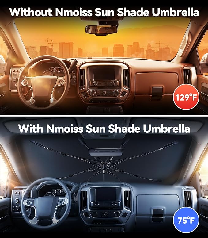 Nmoiss Windshield Sun Shade Umbrella for GMC Sierra 1500 2500HD 3500HD, [Vinyl Coating Heat Shield] Protect Car from Sun Rays & Heat Damage Keep Cool and Protect Interior