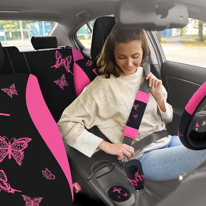 BBTO 43 Pcs Butterfly Car Seat Full Set Butterfly Car Accessories for Women 5 Front Rear Seat Covers Wrist Strap 2 Pcs Cup Mat Armrest Pad 2 Belt Xmas Cover Accessories for SUV(Pink, Black)