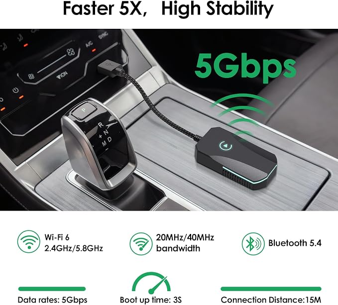 Wireless CarPlay Adapter, 2025 Upgraded Dual-Band (2.4GHz/5GHz) WiFi, Converts Wired to Wireless CarPlay, More Stable & Auto-Connect, Plug & Play for OEM Wired CarPlay Cars & iPhone iOS 10+ (Black).