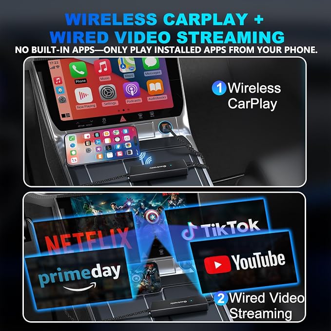 4-in-1 Wireless CarPlay Adapter for iPhone 15/16/17 & Newer, Wired Video Streaming, Screen Mirroring, Two-Way Control & Charging, Plug & Play for Factory Wired CarPlay (Black)