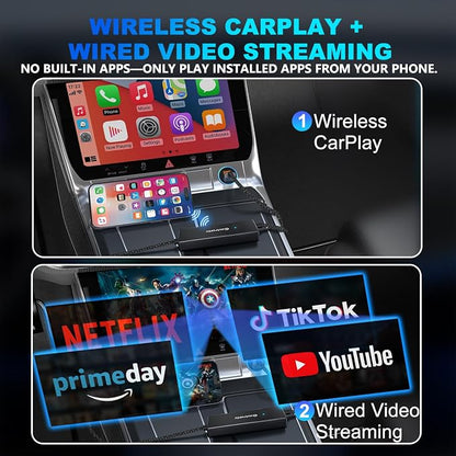 4-in-1 Wireless CarPlay Adapter for iPhone 15/16/17 & Newer, Wired Video Streaming, Screen Mirroring, Two-Way Control & Charging, Plug & Play for Factory Wired CarPlay (Black)