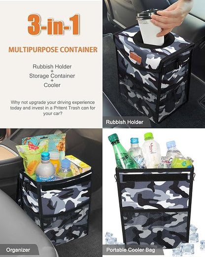 Pritent Car Trash Can with Lid, Cute Leakproof Car Trash Garbage Bag Hanging Vehicle Trash Bin Small Portable Automotive Garbage Cans Organizer for Back/Front Seat/Console(Trapezoid,Camo Grey)