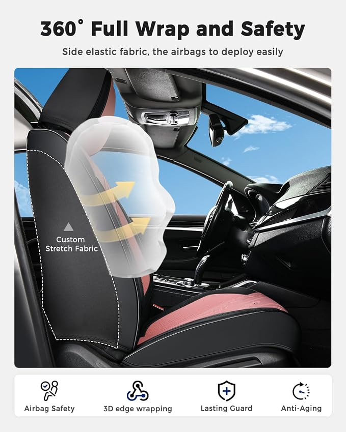 Huidasource Front Seat Covers, Universal Fit for Most Cars SUV Trucks, Full Coverage Nappa Leather Seat Cover, Airbag, Velcro Adjustable, Seat Function Retain, Black&Pink