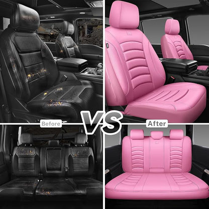 CAR PASS 3D Foam PU Leather Car Seat Covers, Universal Seat Covers Full Sets for Trucks SUV Sedan Automotive Seat Covers Armrest Airbag Compatible Waterproof Comfortable Faux Nappa Leather All Pink