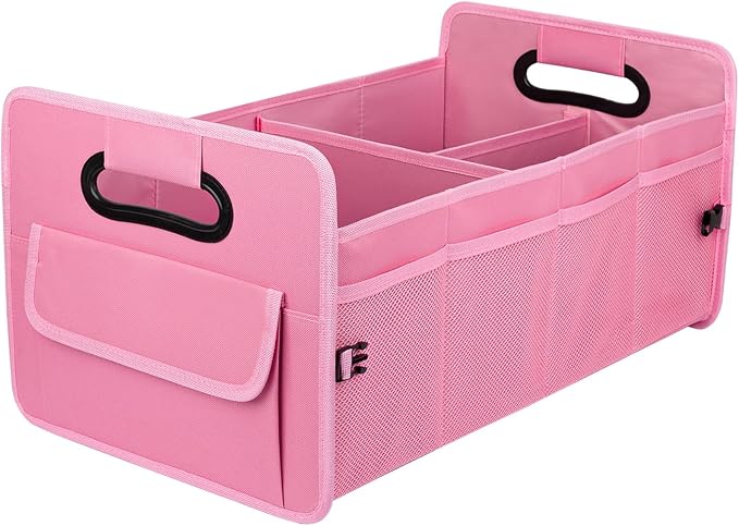 JiatuA Car Trunk Organizer, Car Organizers and Storage Collapsible Multi Compartment Container Box, Adjustable Car Accessories for SUV Sedan Truck, Standard Size, Pink