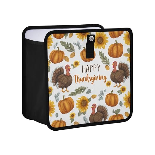 Car Trash Can Organizer Bin with Adjustable Strap for Back Front Seat Console Waterproof Leakproof Collapsible Portable 8.66 Inch Thanksgiving Turkeys Sunflowers White