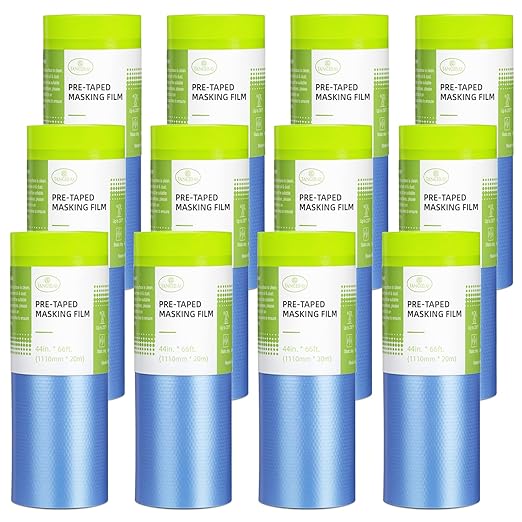 Tangibay Pre-Taped Masking Film for Painting - 44" x 66' Painters Plastic Sheeting with Automotive Paint Tape and Drape for Covering Cars, Walls, Windows and Furniture Protection (12 Rolls)