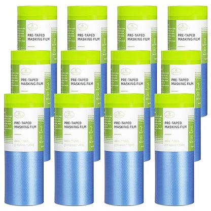 Tangibay Pre-Taped Masking Film for Painting - 44" x 66' Painters Plastic Sheeting with Automotive Paint Tape and Drape for Covering Cars, Walls, Windows and Furniture Protection (12 Rolls)
